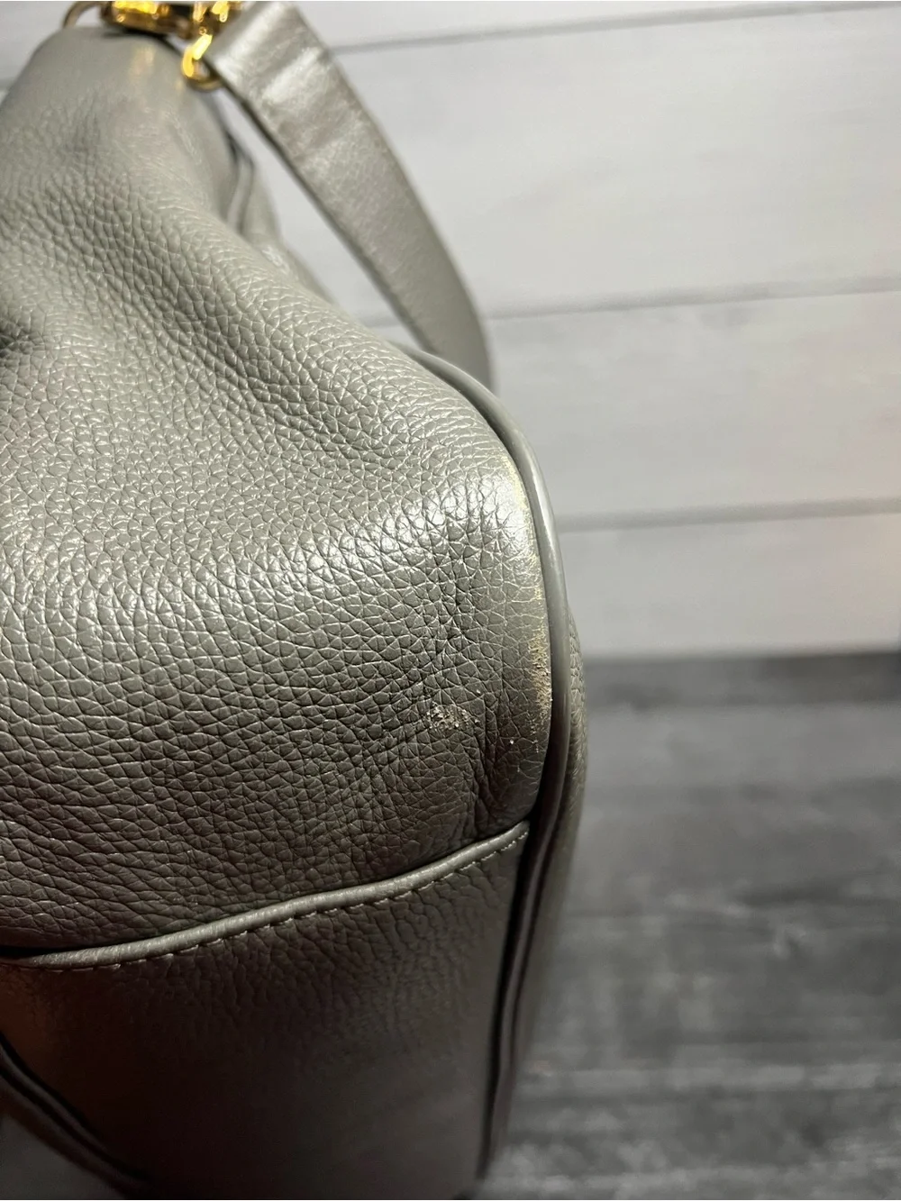 Tory Burch Gray Pebbled Leather Tote with Gold Horsebit Hardware